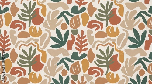 Seamless abstract pattern with minimalist organic shapes and botanical leaves in earthy terracotta, sage green, and mustard tones. Modern flat design for textiles, wallpaper, or backgrounds.
