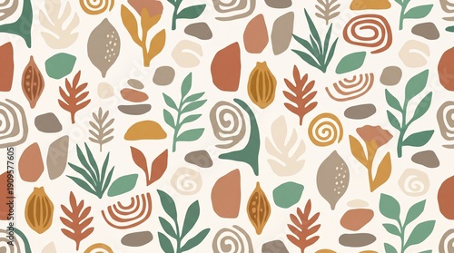 Seamless pattern of organic abstract shapes, stylized leaves, and spirals in earthy tones. Contemporary design with terracotta and sage green on a beige background.