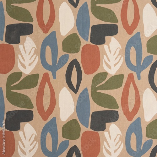 Seamless abstract pattern with organic shapes and stylized leaves in earthy tones of terracotta, sage green, and blue on a beige linen background. Elegant minimalist textile design.