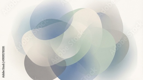Abstract background with translucent overlapping organic shapes in muted sage green, blue, and earth tones. Minimalist modern design with a soft paper texture effect.