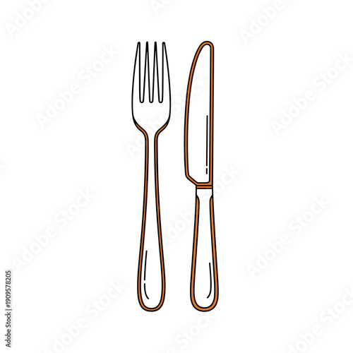 A fork and a knife made of metal lie side by side, top view. Vector illustration.