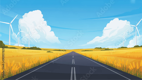 A digital illustration of a long, straight black asphalt road stretching into the distance through golden wheat fields (1)_traced