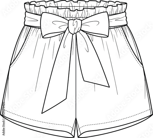 Line art vector illustration of stylish high waisted paperbag shorts with a large front tie bow and side pocket details