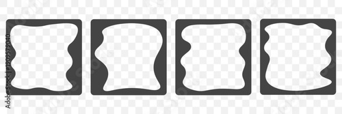 Set of square wavy frames. Black groovy photo borders. Vintage curvy forms. Vector