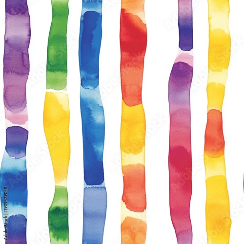 Colorful strips in blue, green, purple, yellow, red, and orange lay vertically on a plain white background. Each strip varies in width, and the shades blend together in places, showing a mix of colors