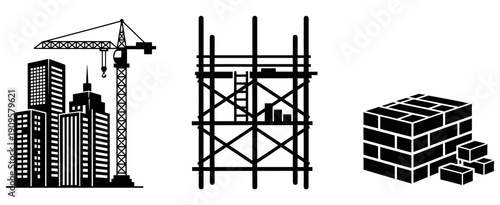A collection of icons depicting construction industry elements including city skyline, scaffolding, and brick building materials for architectural and development projects