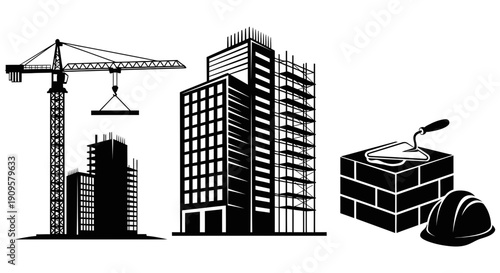 Construction site with crane, skyscrapers, bricklaying with trowel and helmet, illustrating industrial progress and urban development