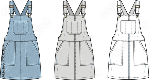 Women's Denim Overall Pinafore Dress Vector, Flat Fashion Sketch, Dungaree Skirt with Pocket Detail, Technical Apparel Design Illustration, Blue, White