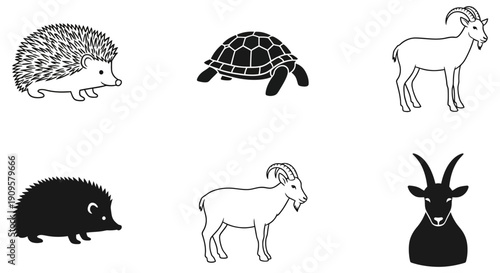 Collection of Silhouettes Featuring a Hedgehog, Tortoise, and Goat in Various Poses and Styles