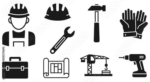 Construction worker with tools and equipment such as hard hat, wrench, hammer, gloves, toolbox, blueprint, crane, and drill, representing construction industry and manual labor