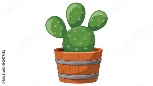A digital illustration of a prickly pear cactus in a wooden barrel planter (1)_traced