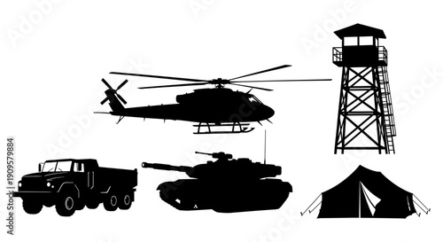 Black silhouettes of military vehicles and structures including a helicopter, tank, truck, guard tower, and tent on a white background