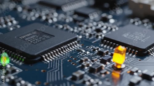 Microchip close up electronics technology and integrated circuit board macro