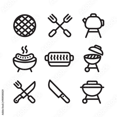 Barbecue Grill Kitchen Utensils And Outdoor Cooking Tool Set Outline Icon Collection.