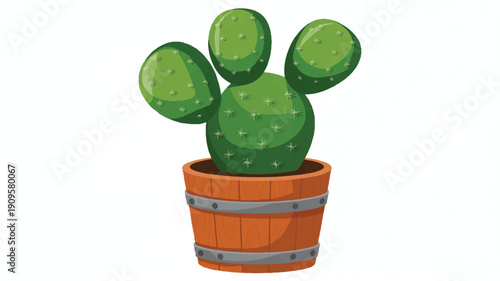 A digital illustration of a prickly pear cactus in a wooden barrel planter (3)_traced