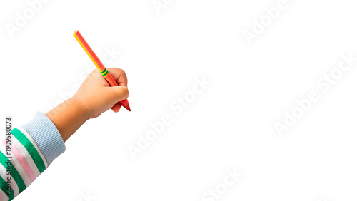 Foto Child's hand holding a crayon and preparing to draw isolated on transparent back