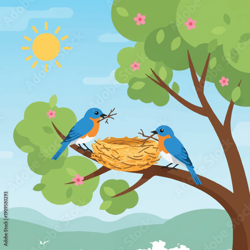 Two Bluebirds Feeding Chicks in Nest.