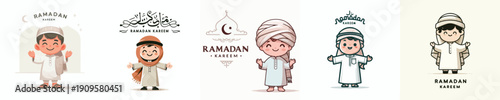 vector of little Muslim boy standing saying Ramadan Kareem