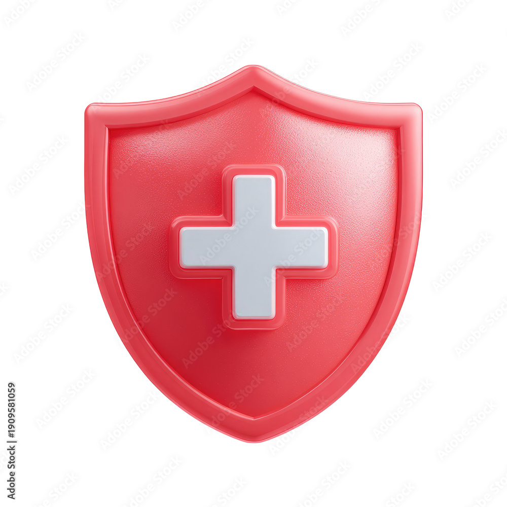 Fototapeta premium 3D rendered, glossy, red shield with a white cross, isolated on black background