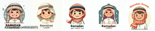 vector half body of little Muslim boy saying Ramadan Kareem