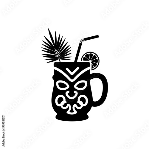 flat vector silhouette of tropical tiki cocktail glass, world cocktail day concept