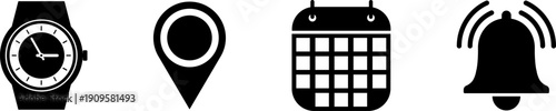 Location pin, date time, calendar clock and notification bell icons set. Flat simple illustrations for website, mobile app, UX UI design