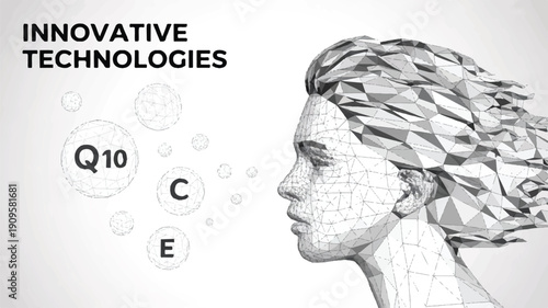 A digital illustration of a side profile of a person with flowing hair rendered in a wireframe low-poly style against a white background (2)_traced