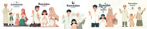 vector of muslim family saying Ramadan Kareem
