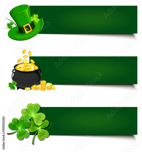 St. Patrick's day green web banners with shamrock, pot of gold, and leprechaun hat. Set of vector illustrations