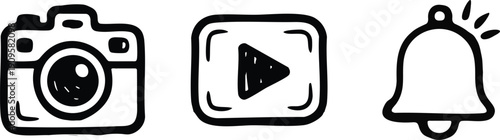 Hand Drawn Social Media Icons Set, Sketched Photo Camera, Video Player and Notification Bell Vector