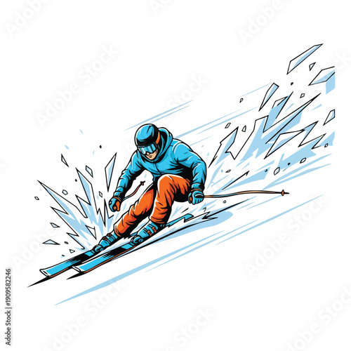 Skier in Action. Winter Sport Illustration. Dynamic Snow Spray. Downhill Skiing Vector Art.