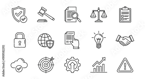 Legal and business icons set in a simple outline silhouette