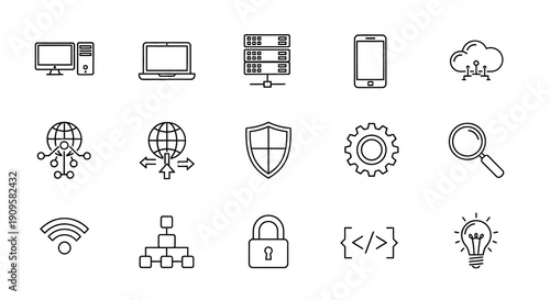 Technology and data icons in a linear style silhouette