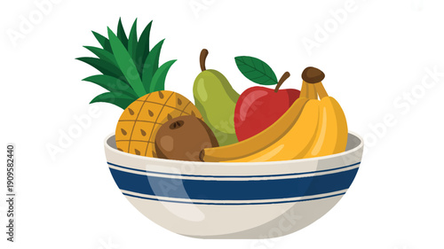 A digital illustration of a white ceramic bowl with a navy blue horizontal stripe across the middle, filled with fresh fruits (1)_traced