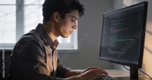Man working at computer screen writing code indoors