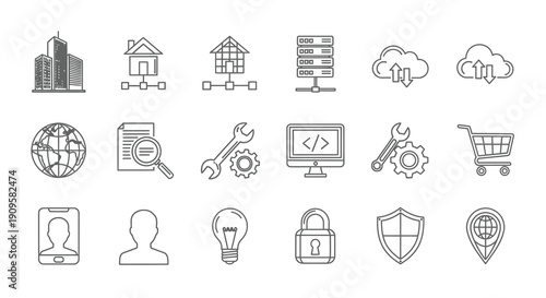 Collection of linear icons representing technology and business silhouette