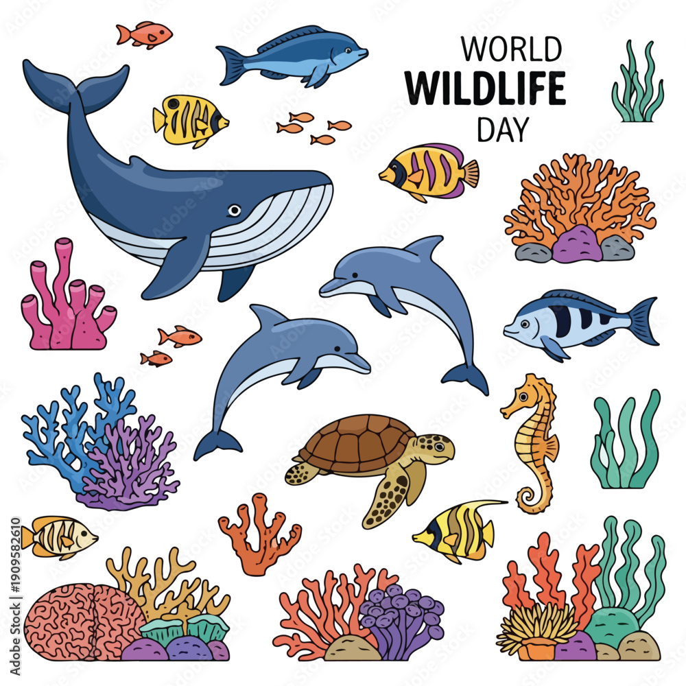 Fototapeta premium Colorful Cartoon Marine Life Illustration.