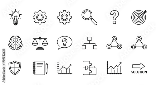 Black line icons representing ideas solutions and problem solving silhouette