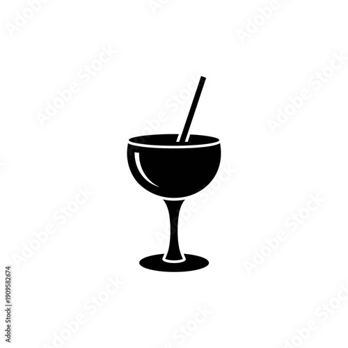 flat black silhouette icon of frozen cocktail glass with straw, simple clean shape, world cocktail day concept