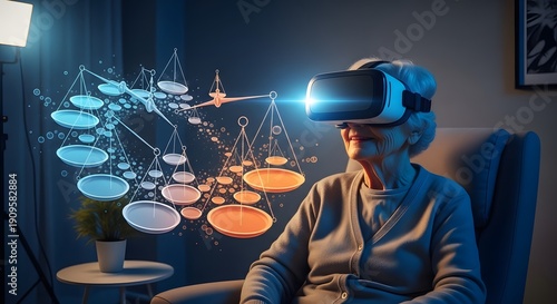Elderly Woman Experiencing Virtual Reality Technology with Futuristic Holographic Display.