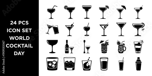 24 pcs World cocktail day concept flat vector icon set.