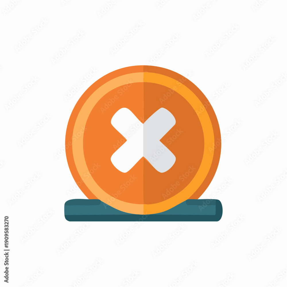 Fototapeta premium Orange circle icon with white cross, flat design