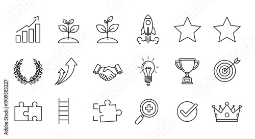 Collection of business and growth themed line art icons silhouette