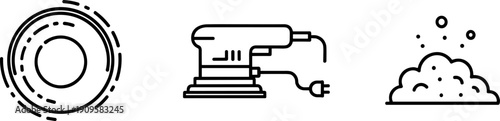 Set of icons representing sanding disc, orbital sander, and dust for DIY and construction projects