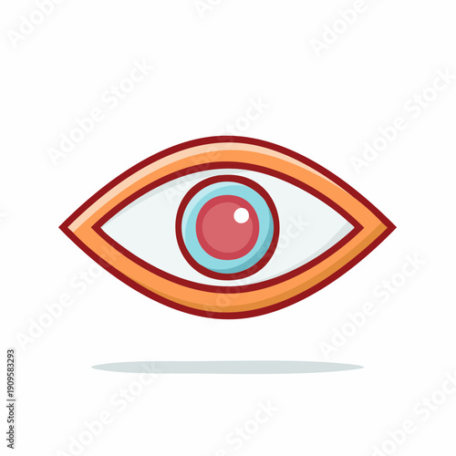 Cartoon eye icon with light blue iris and red pupil. Observation concept.
