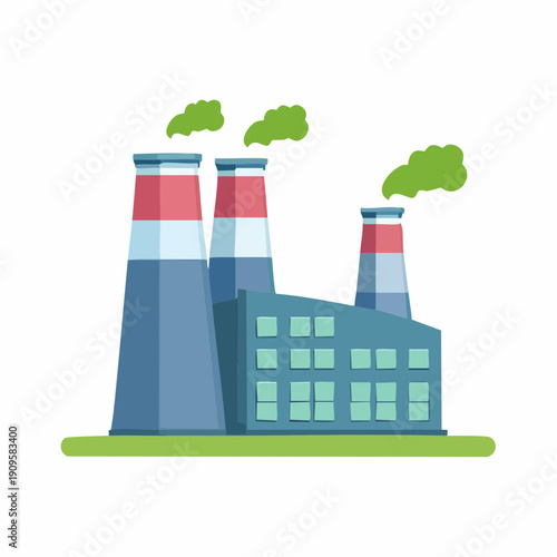 Illustrated factory emitting pollution with green smoke stacks industrial plant