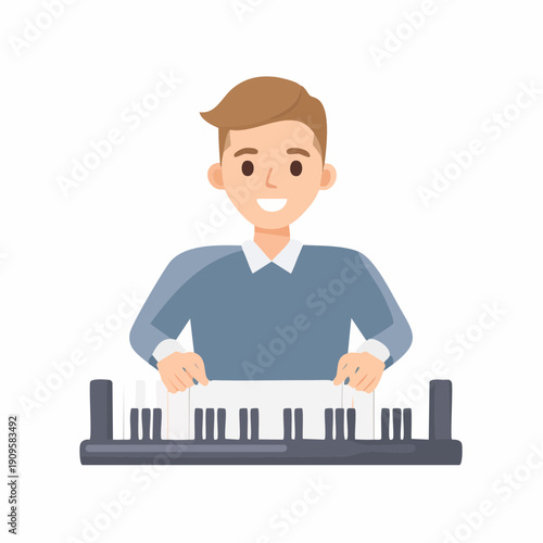 Smiling man holding keyboard instrument design