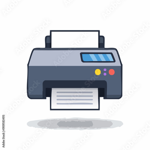 Illustration of a cartoon printer, with paper in tray, modern style, vector design
