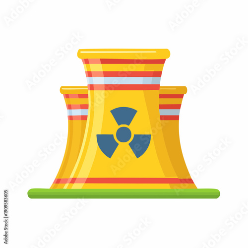 Nuclear power plant cartoon illustration with cooling towers, for energy themes.