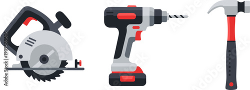 Collection of power tools including a circular saw, drill, and hammer on a white background